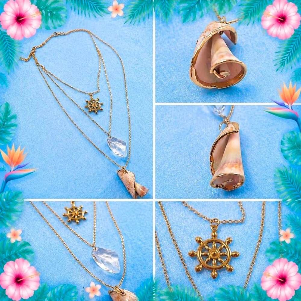 Nautical Three-Layer Seashell Ship Wheel Crystal Charm Necklace